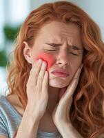 A woman holds her cheek while suffering from a toothache, depicting the discomfort and pain experienced during dental issues, emphasizing the need for oral health care and treatment photo