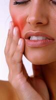 A woman holds her cheek while suffering from a toothache, depicting the discomfort and pain experienced during dental issues, emphasizing the need for oral health care and treatment photo