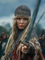 An exquisite depiction captures a Slavic warrior female donning his chainmail armor in a striking portrait. photo