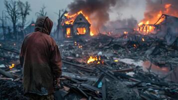 Devastation of a natural disaster, a poignant portrayal capturing emotional impact and destructive force unleashed by nature's fury, evoking a profound sense of loss and resilience in its aftermath. photo