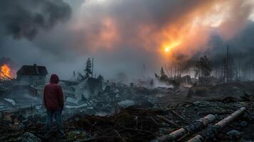 Devastation of a natural disaster, a poignant portrayal capturing emotional impact and destructive force unleashed by nature's fury, evoking a profound sense of loss and resilience in its aftermath. photo