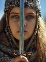 An exquisite depiction captures a Slavic warrior female donning his chainmail armor in a striking portrait. photo