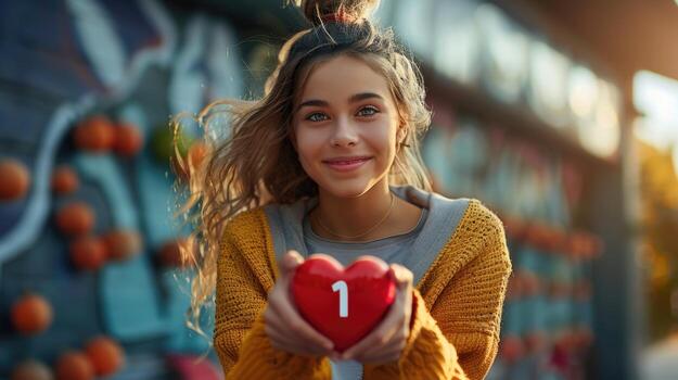 hermosa joven niña participación un firmar me gusta - simbolizando admiración para contenido con un rojo corazón, número 1, pulgares arriba, declarando amor. foto