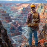 Surveying the copper mine, man in hard hat oversees operations at open pit - ensuring safety and efficiency in resource extraction. photo