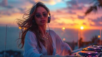 Captivating female DJ spinning tunes, witness the allure as an attractive woman mesmerizes the crowd with her electrifying music selection and charismatic presence. photo