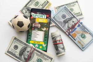 Sport betting online banner concept. app online bet on soccer. Mobile phone with soccer field on screen and realistik football ball in front. illustration photo