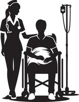 Patient and nurse art, black color silhouette vector