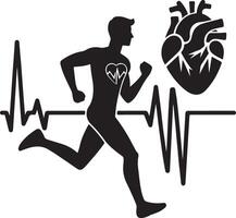 hombre corriendo con electrocardiograma y corazón, silueta negro color silueta vector
