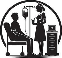Patient and nurse art, black color silhouette vector
