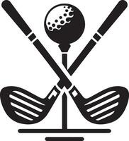 Two crossed golf clubs and ball. Stick for golf black silhouette vector