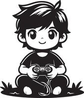 Cute boy playing games, black color silhouette vector