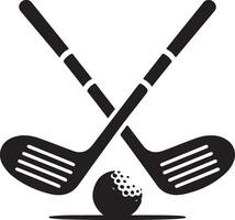 Two crossed golf clubs and ball. Stick for golf black silhouette vector