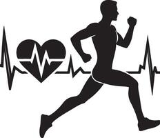 man running with electrocardiogram and heart, Silhouette black color silhouette vector