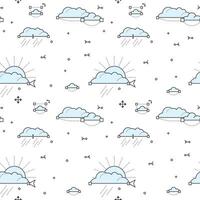 Seamless pattern with blue clouds and sun. Linear outline style. vector