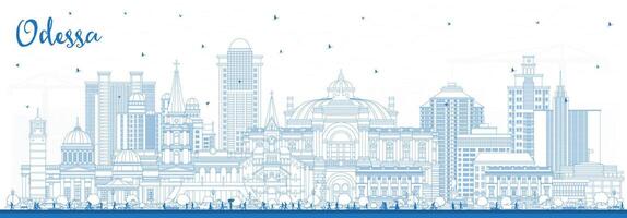 Outline Odessa city skyline with blue buildings. Odesa cityscape with landmarks. Business travel and tourism concept with modern and historic architecture. vector