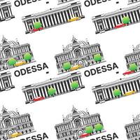 Seamless pattern with landmarks of Odessa. Odesa Opera and Ballet Theatre with City Hall. Green tree with cars. vector