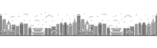 Seamless pattern with outline Hong Kong China City Skyline. Modern Buildings Isolated on White. Hong Kong Cityscape with Landmarks. vector