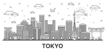 Outline Tokyo Japan city skyline with modern and historic buildings isolated on white. Tokyo cityscape with landmarks. vector