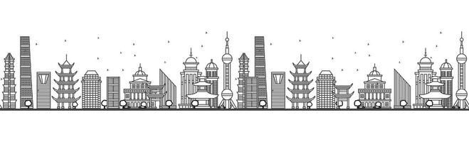 Seamless pattern with outline Shanghai China city Skyline. Modern Buildings. Shanghai cityscape with landmarks. vector