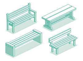 Collection of modern street benches. Isometric outline objects isolated on clean white background. Perfect for representing public spaces, urban planning, and modern architecture. vector