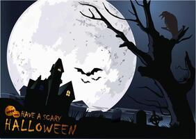 a poster with a halloween scene with a house on the front and a full moon behind it. vector