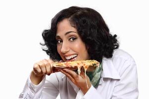 smiling brunette model with her piece of pizza photo