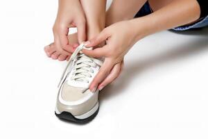 girl hands putting on sneakers sitting on white background photo