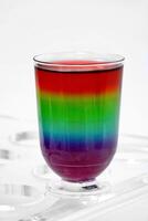 colored gelatin in plastic cups in a transparent acrylic display photo