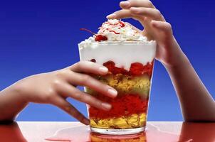 woman's hands touching glass jar with colorful gelatin photo