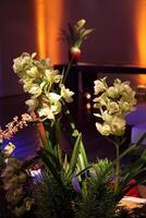 sophisticated party decoration with candles, flowers, tables and specialized lighting photo