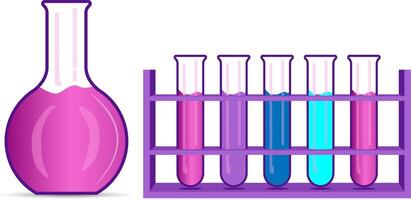 química matraz y cubilete colocar. plano ilustración. químico Ciencias laboratorio equipo. científico prueba investigación y análisis. farmacéutico infografía biotecnología microbiología proceso. vector