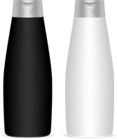 negro blanco cosmético botellas colocar. oval envase diseño para belleza producto. líquido jabón, bañera lavar, champú, piel o pelo producto mercancías envase. realista 3d Bosquejo. vector