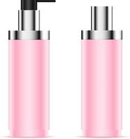 Set of cosmetic bottles for skin or hair care products. Pump dispenser bottle and cylinder bottle in pink color. 3d realistic mockup. vector