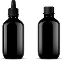 Black vial with dropper cap for medical or cosmetic products. Glossy glass or plastic bottle mockup. 3d design. vector