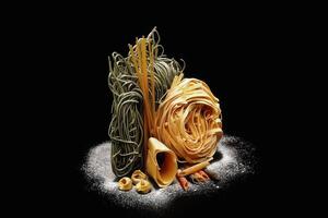 various types of pasta with wheat flour on black background photo