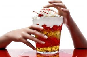 woman's hands touching glass jar with colorful gelatin photo