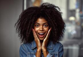 A woman's expressive face with full curls and a vibrant smile, hands on cheeks photo