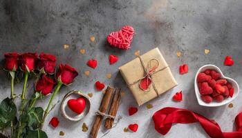 San Valentín día todavía vida con rosas y regalos foto