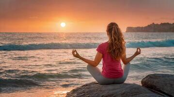 Serene Female Yoga Meditation at Sea in the Dusk Light photo