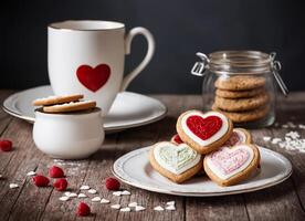 Valentine's Heart Cookies and Tea on Wooden Table photo