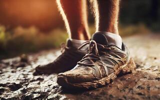 A pair of muddy, gray and black running shoes are on a trail. photo