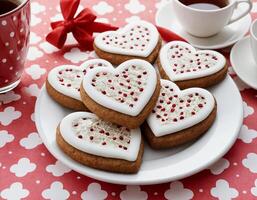 Heart-Shaped Valentine Cookies on Plate photo