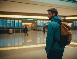 Solo Traveler at Airport Flight Board photo