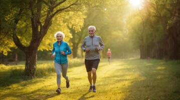 Senior Couple Jogging Together in Morning Light photo