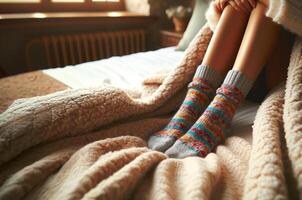 acogedor invierno comodidad, mujer en vistoso calcetines relajante foto