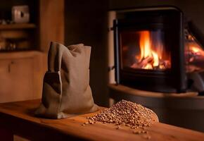 Wood pellet bag, modern stove, cozy eco-heating, sharp details, warm colors. photo