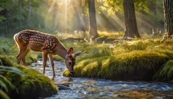 Young Fawn Drinking Water in Sunlit Forest photo
