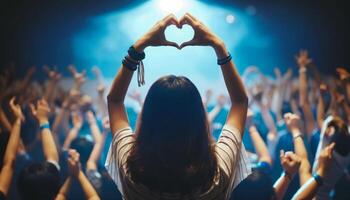 mujer haciendo corazón forma a concierto con multitud en antecedentes foto