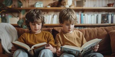 linda niños leyendo un libro y sonriente mientras sentado en un sofá en el habitación. foto