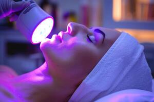 Close up portrait of a young woman patient receiving a laser treatment in a spa salon. photo